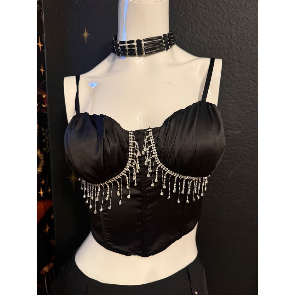 Julia by Love J Black Satin Rhinestone Fringe Corset Crop Top Bustier Medium